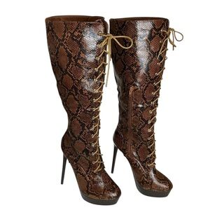 Noela Brown Snakeskin Lace Up Knee High Platform Stiletto Boots Zip Side 7.50